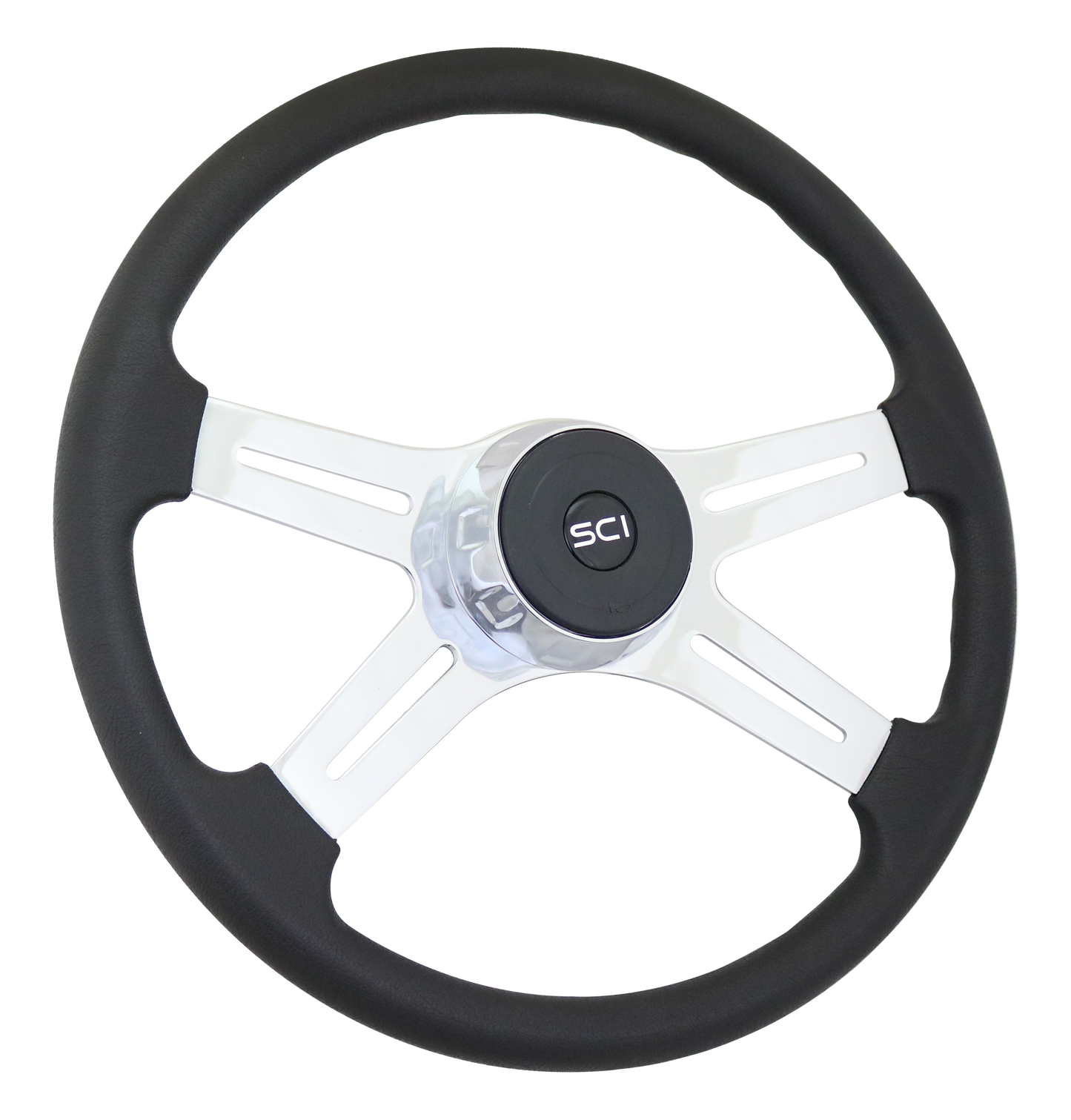 18" Steering Wheel Convoy Polyurethane, Polished Chrome Spokes 4-spoke, w/Slot Cut Outs