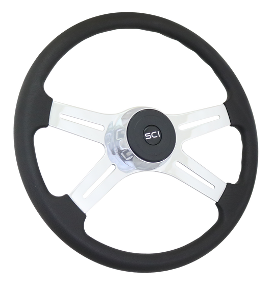 18" Steering Wheel Convoy Polyurethane, Polished Chrome Spokes 4-spoke, w/Slot Cut Outs