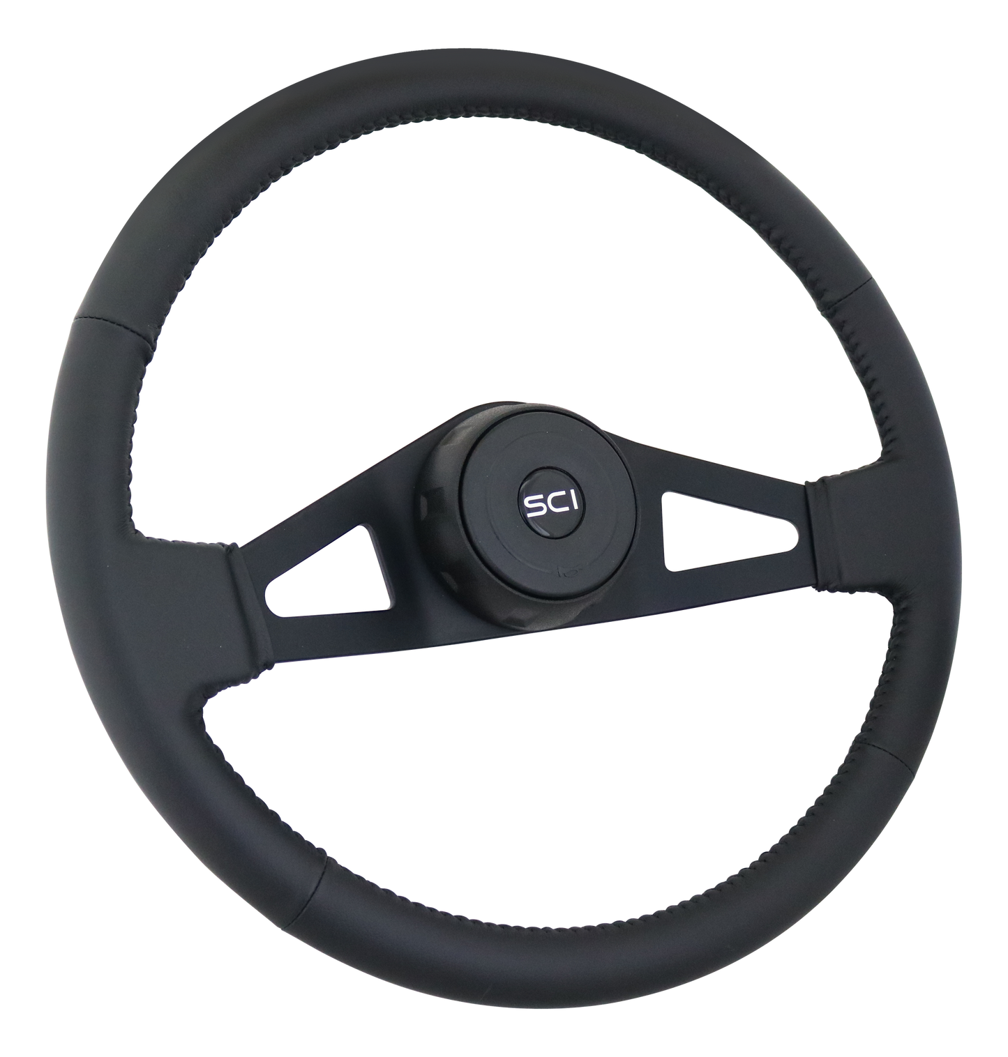 18" Steering Wheel Jupiter Black Leather Rim, Black 2-Spoke w/Triangle Cut Outs,