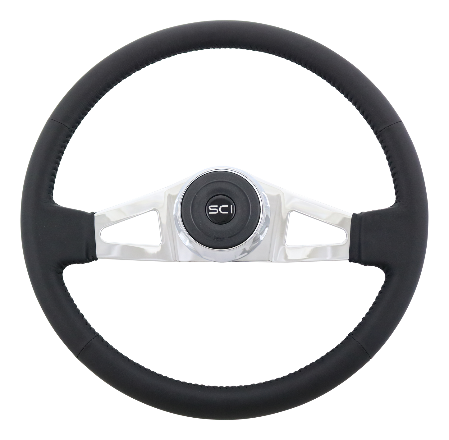 18" Steering Wheel Manchester Top Grain Black Leather Rim, Polished Chrome 2-Spokes w/Triangle Cut Outs, Chrome Bezel, Black Horn Button