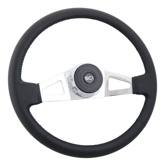 18" Steering Wheel Manchester Top Grain Black Leather Rim, Polished Chrome 2-Spokes w/Triangle Cut Outs, Chrome Bezel, Black Horn Button