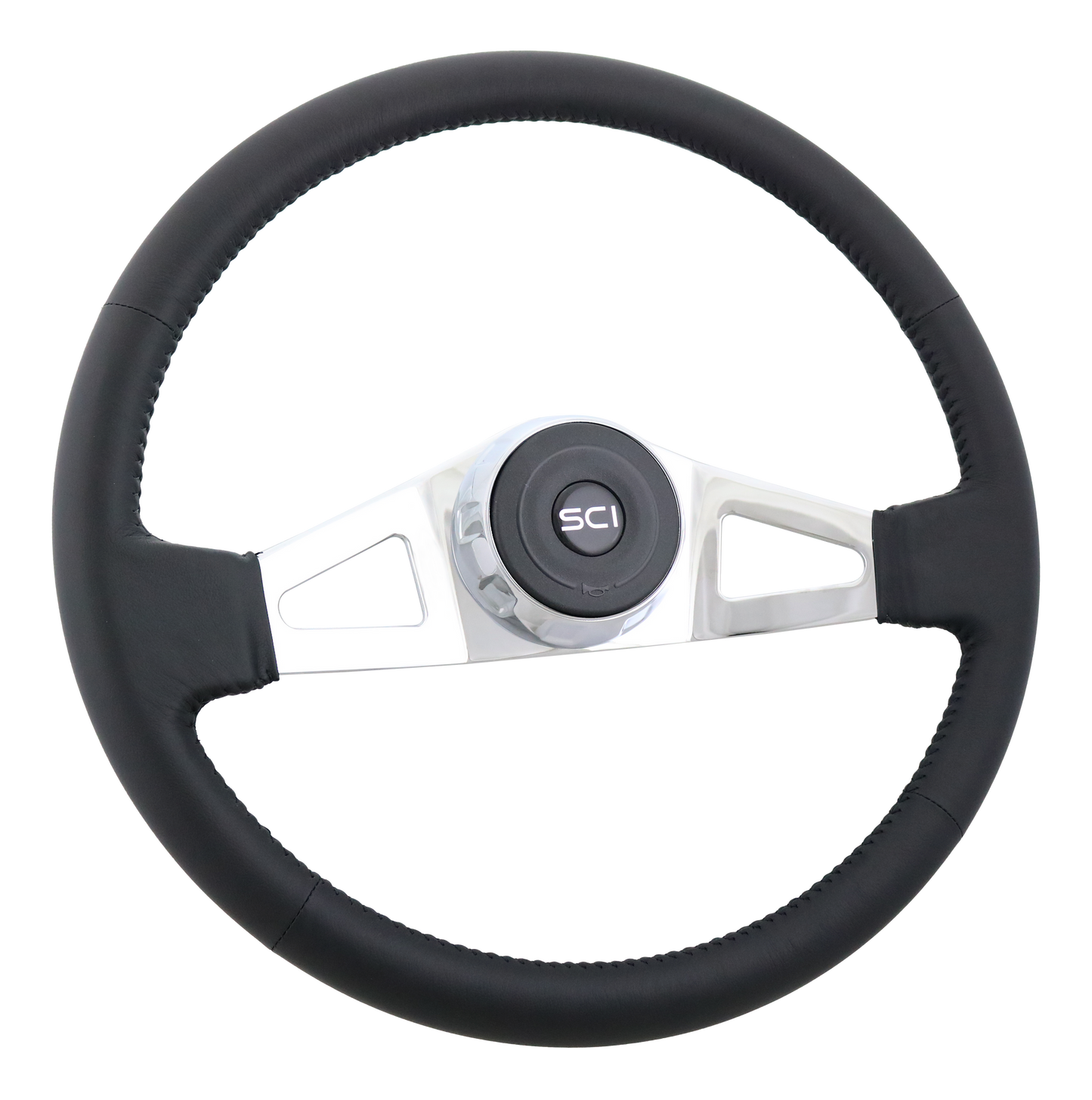 18" Steering Wheel Manchester Top Grain Black Leather Rim, Polished Chrome 2-Spokes w/Triangle Cut Outs, Chrome Bezel, Black Horn Button