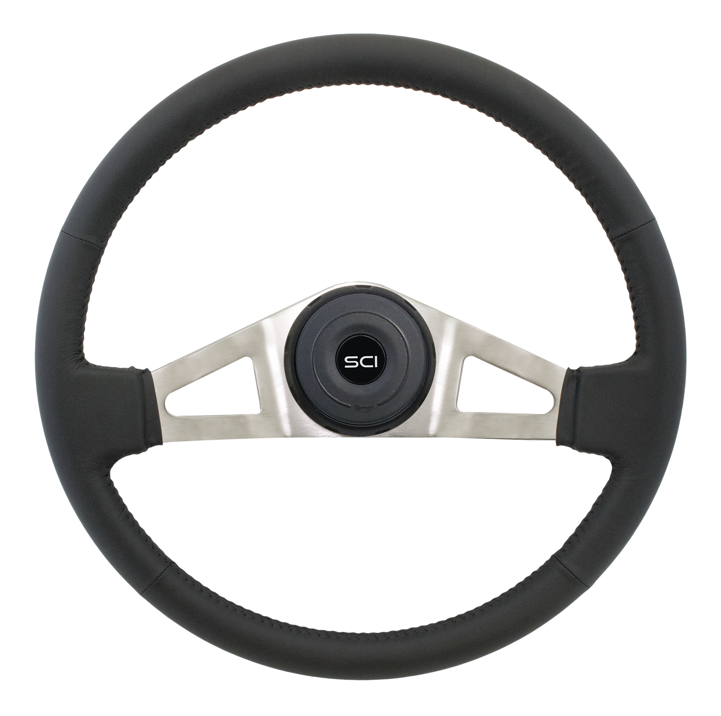 18" Steering Wheel Marion Top Grain Leather Rim, Brushed Nickel Plated 2-Spoke, w/Triangle Cut Outs