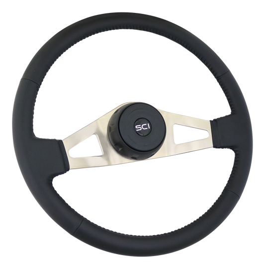 18" Steering Wheel Marion Top Grain Leather Rim, Brushed Nickel Plated 2-Spoke, w/Triangle Cut Outs
