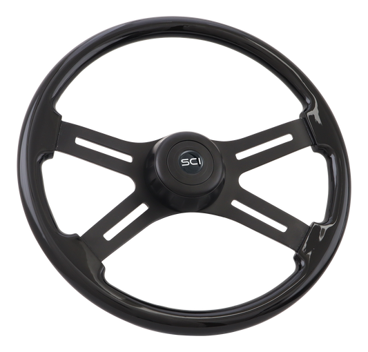 18" Steering Wheel Midnight Black - Black Rim, Matte Black 4-Spoke w/Slot Cut Outs, Matte Black Bezel, Matte Black HB