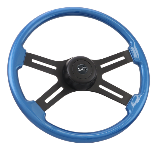 18" Steering Wheel Midnight Blue Blue Rim, Matte Black 4-Spoke w/Slot Cut Outs, Matte Black Bezel, Matte Black HB