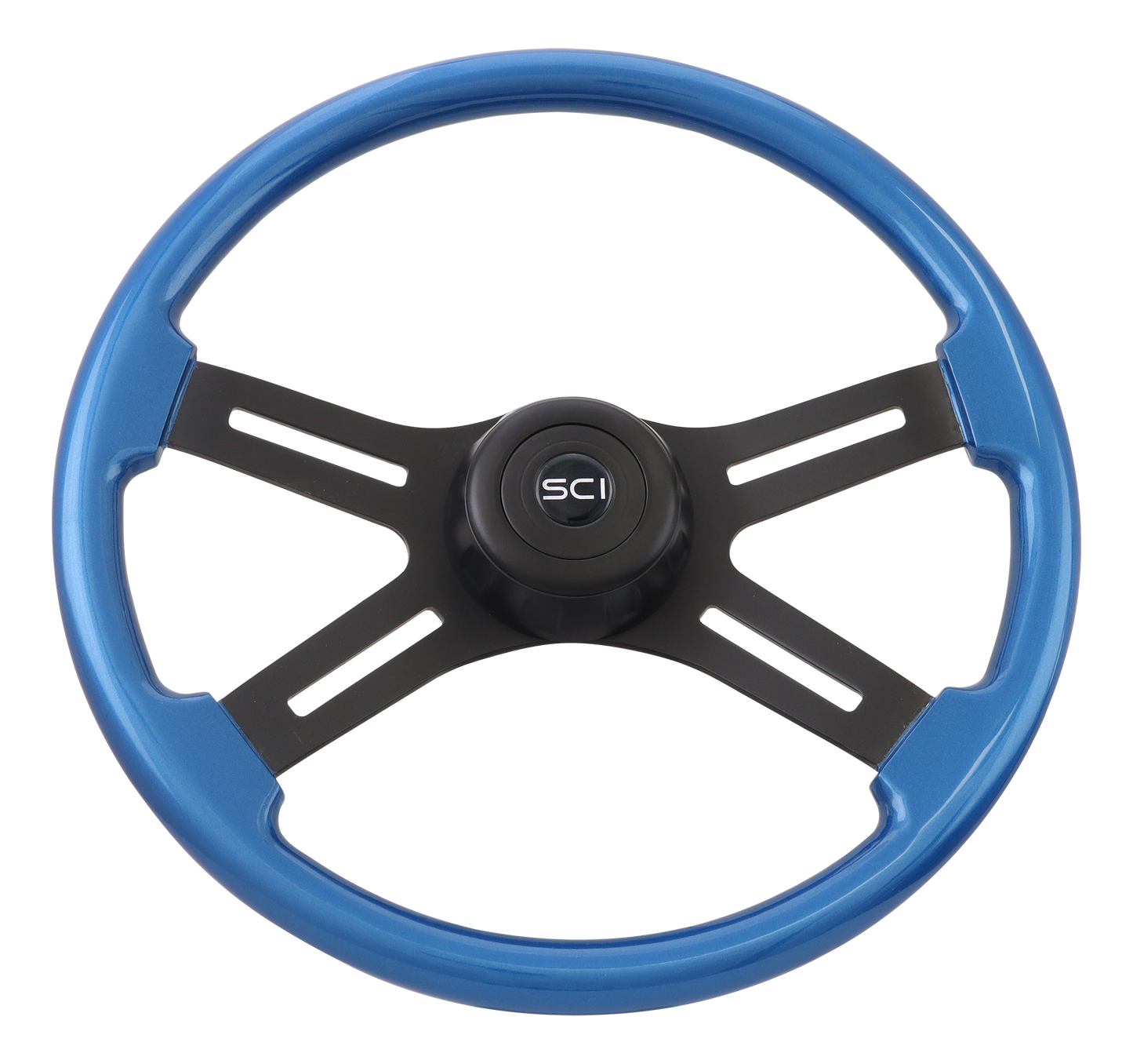 18" Steering Wheel Midnight Blue Blue Rim, Matte Black 4-Spoke w/Slot Cut Outs, Matte Black Bezel, Matte Black HB