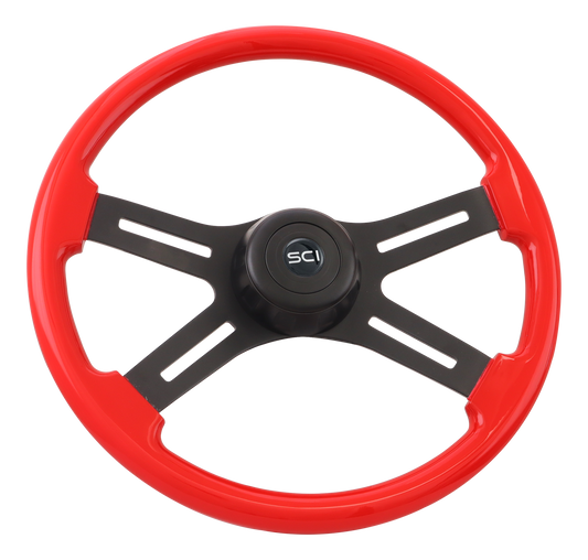 18" Steering Wheel Midnight " Viper Red" Steering Wheel. Matte Black 4-Spoke w/Slot Cut Outs, Matte Black Bezel, Matte Black HB