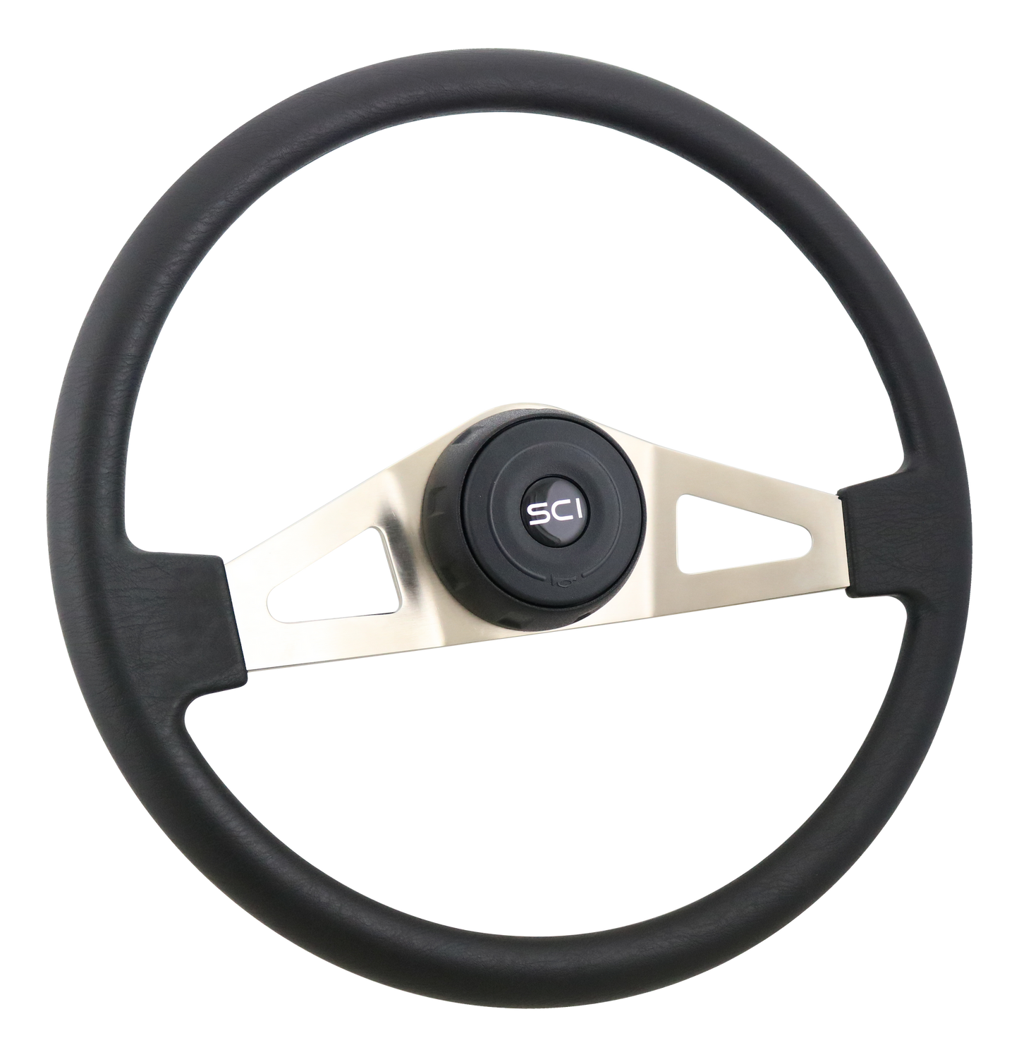 18" Steering Wheel Pinion Polyurethane Rim, Brushed Nickel Plated 2-Spoke w/Triangle Cut Outs