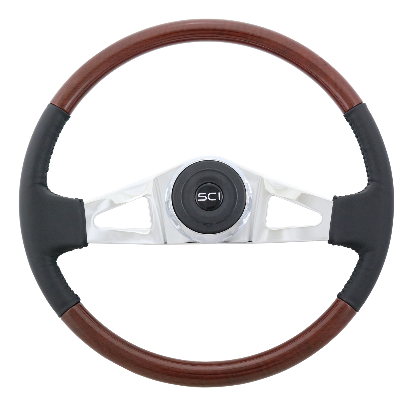 18" Steering Wheel Royal Grain Leather and Burl Wood Pattern Rim, Chrome 2-Spokes w/ Triangle Cut Outs