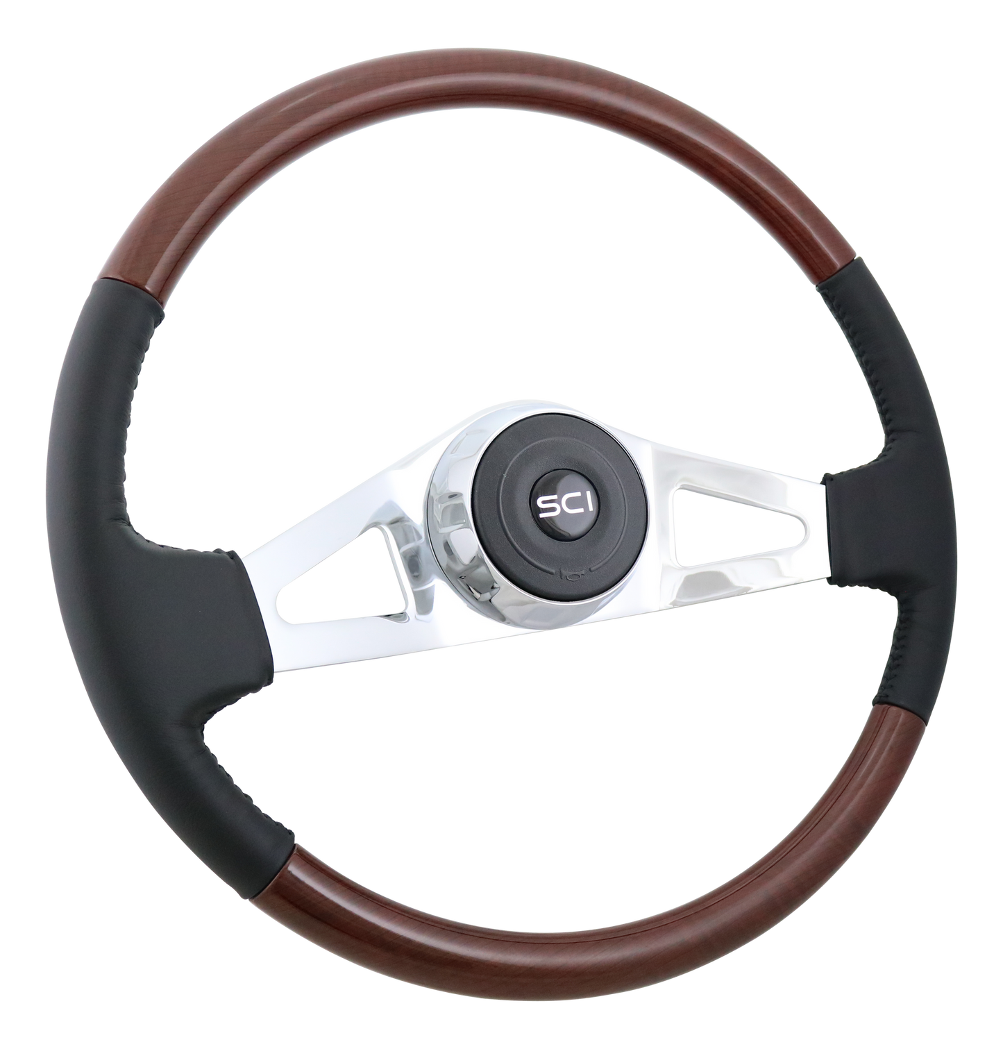 18" Steering Wheel Royal Grain Leather and Burl Wood Pattern Rim, Chrome 2-Spokes w/ Triangle Cut Outs