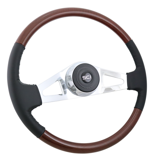 18" Steering Wheel Royal Grain Leather and Burl Wood Pattern Rim, Chrome 2-Spokes w/ Triangle Cut Outs