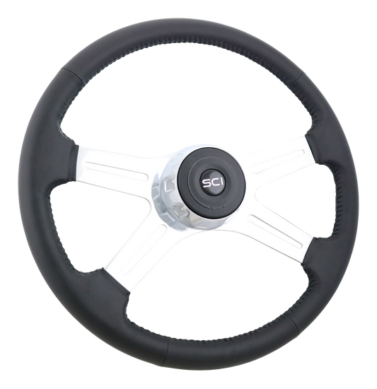 18" Steering Wheel Statesman Black Top Grain Leather Rim, Polished Chrome 4-spoke, Chrome Bezel