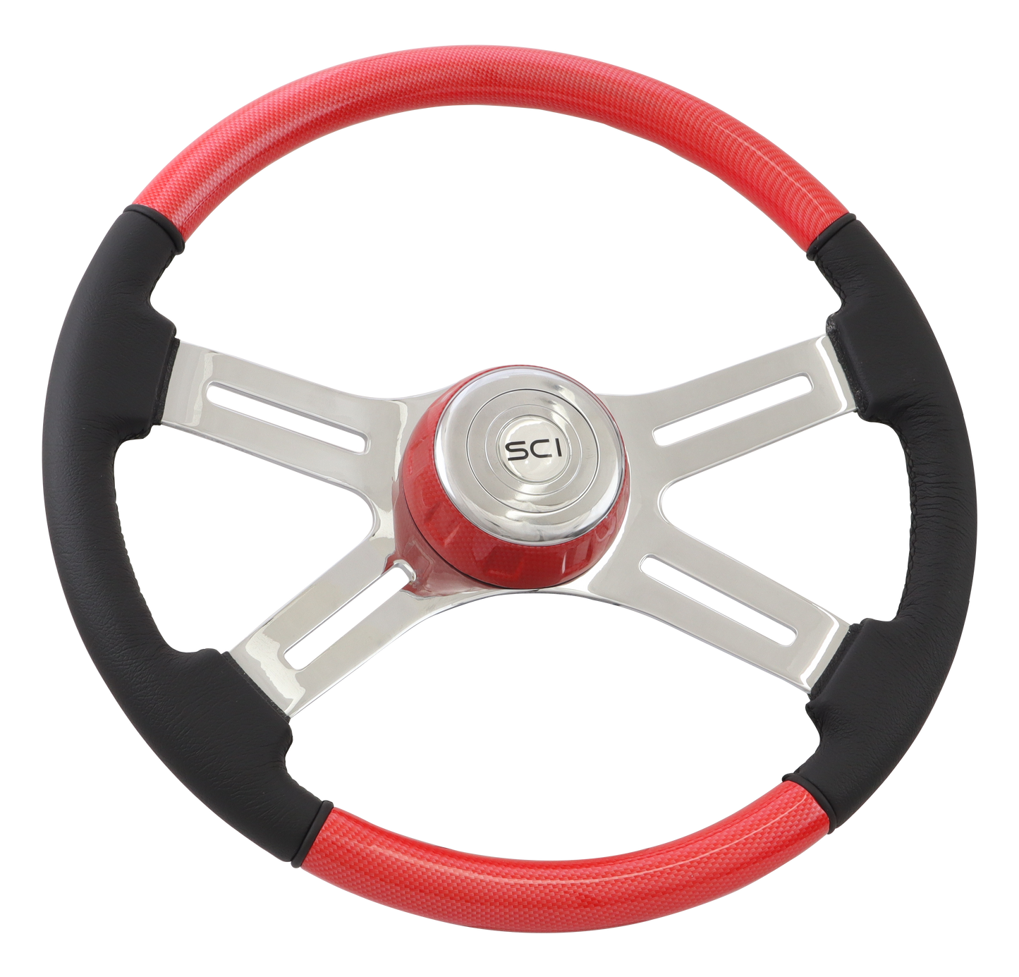 18" Steering Wheel "Viper Red" Painted Wood & Leather Rim, Chrome 4-Spoke w/ Slot Cut Outs, Matching Bezel