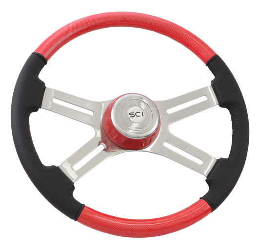 18" Steering Wheel "Viper Red" Painted Wood & Leather Rim, Chrome 4-Spoke w/ Slot Cut Outs, Matching Bezel