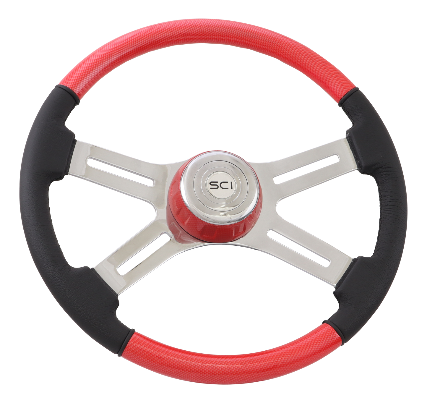 18" Steering Wheel "Viper Red" Painted Wood & Leather Rim, Chrome 4-Spoke w/ Slot Cut Outs, Matching Bezel