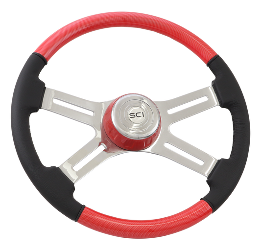 18" Steering Wheel "Viper Red" Painted Wood & Leather Rim, Chrome 4-Spoke w/Slot Cut Outs, Matching Bezel