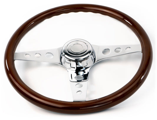 18” WOOD STEERING WHEEL WITH CHROME CLASSIC STYLE 3 SPOKE