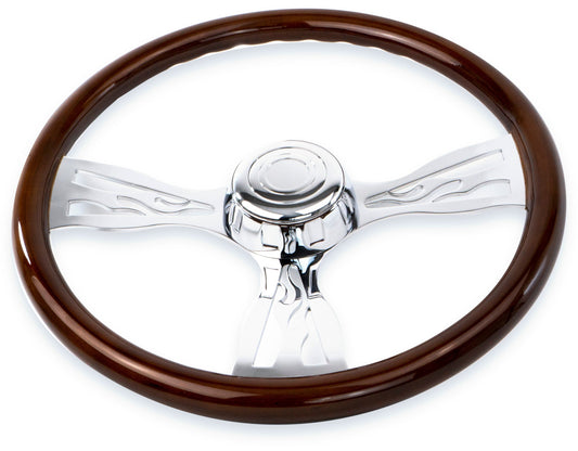 18” WOOD STEERING WHEEL WITH CHROME FLAME DESIGN SPOKES