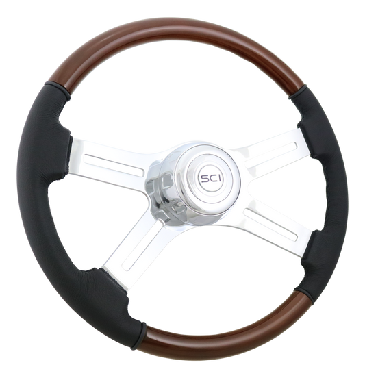 Steering Wheel 18" Wood & Leather Rim, Chrome 4-Spoke w/Slot Cut Outs, Chrome Bezel, Chrome Horn Button - Logo