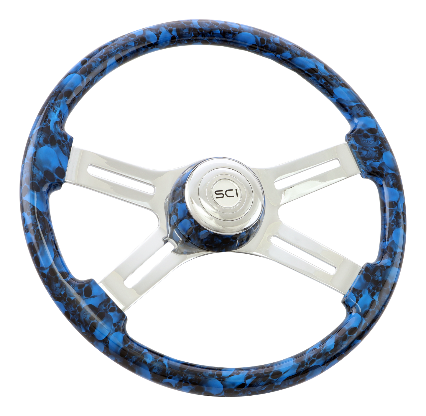 Big Skulls Blue - 18" Printed Wood Rim, Chrome 4-Spoke w/Slot Cut Outs Steering Wheel, Matching Bezel, Chrome Horn Button - Logo
This wheel requires a hub kit from the 800 Series (3-hole).