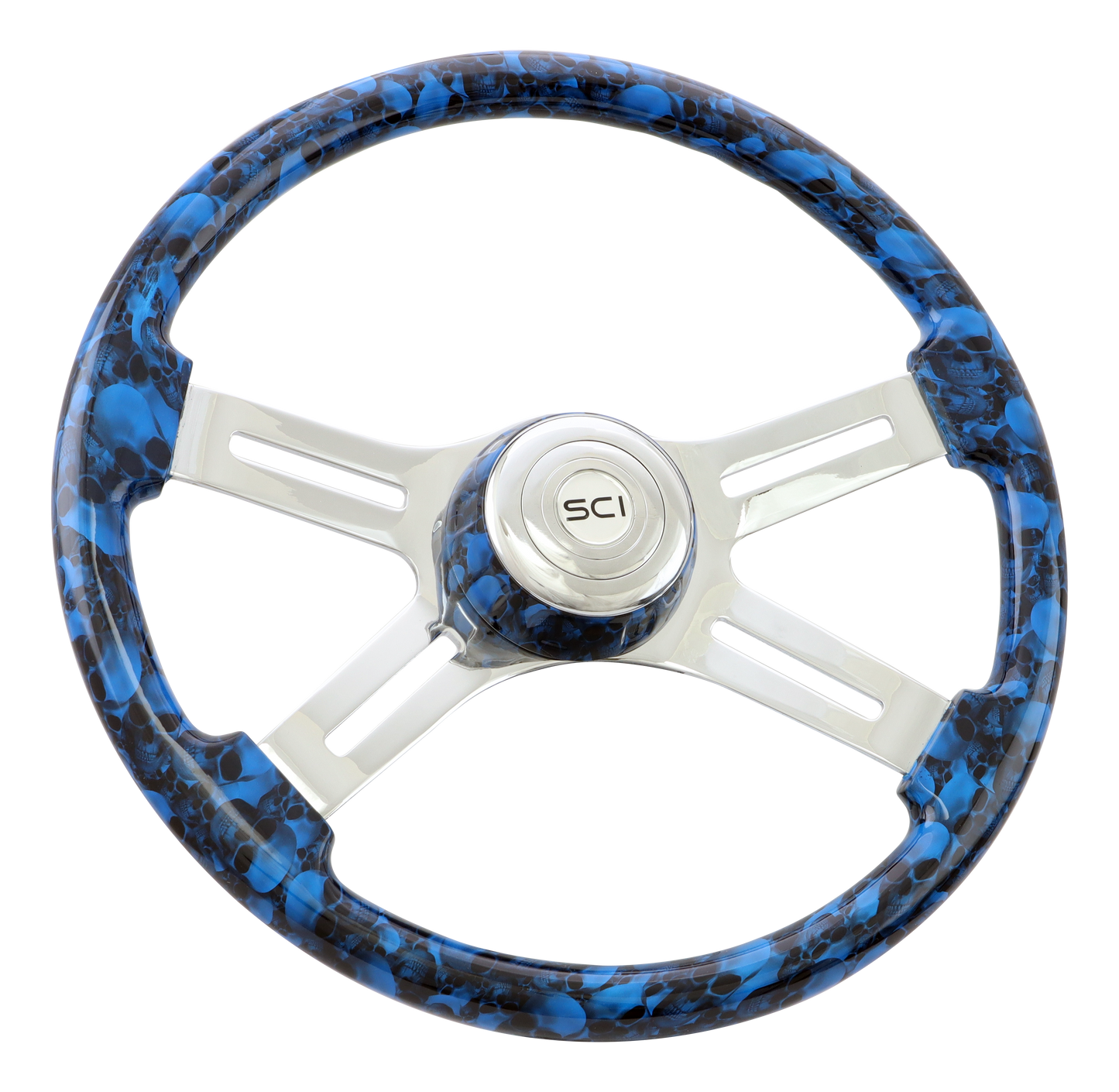 Big Skulls Blue - 18" Printed Wood Rim, Chrome 4-Spoke w/Slot Cut Outs Steering Wheel, Matching Bezel, Chrome Horn Button - Logo