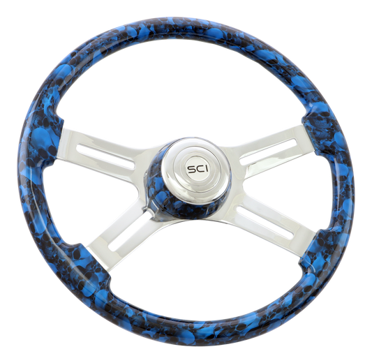 Big Skulls Blue - 18" Printed Wood Rim, Chrome 4-Spoke w/Slot Cut Outs Steering Wheel, Matching Bezel, Chrome Horn Button - Logo