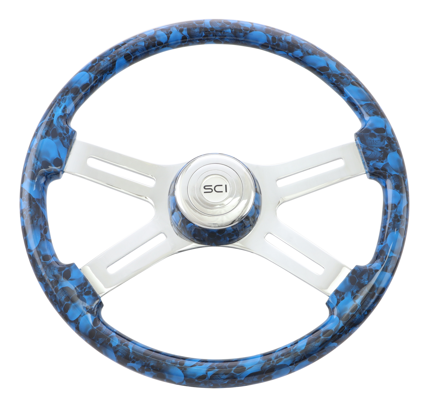 Big Skulls Blue - 18" Printed Wood Rim, Chrome 4-Spoke w/Slot Cut Outs Steering Wheel, Matching Bezel, Chrome Horn Button - Logo