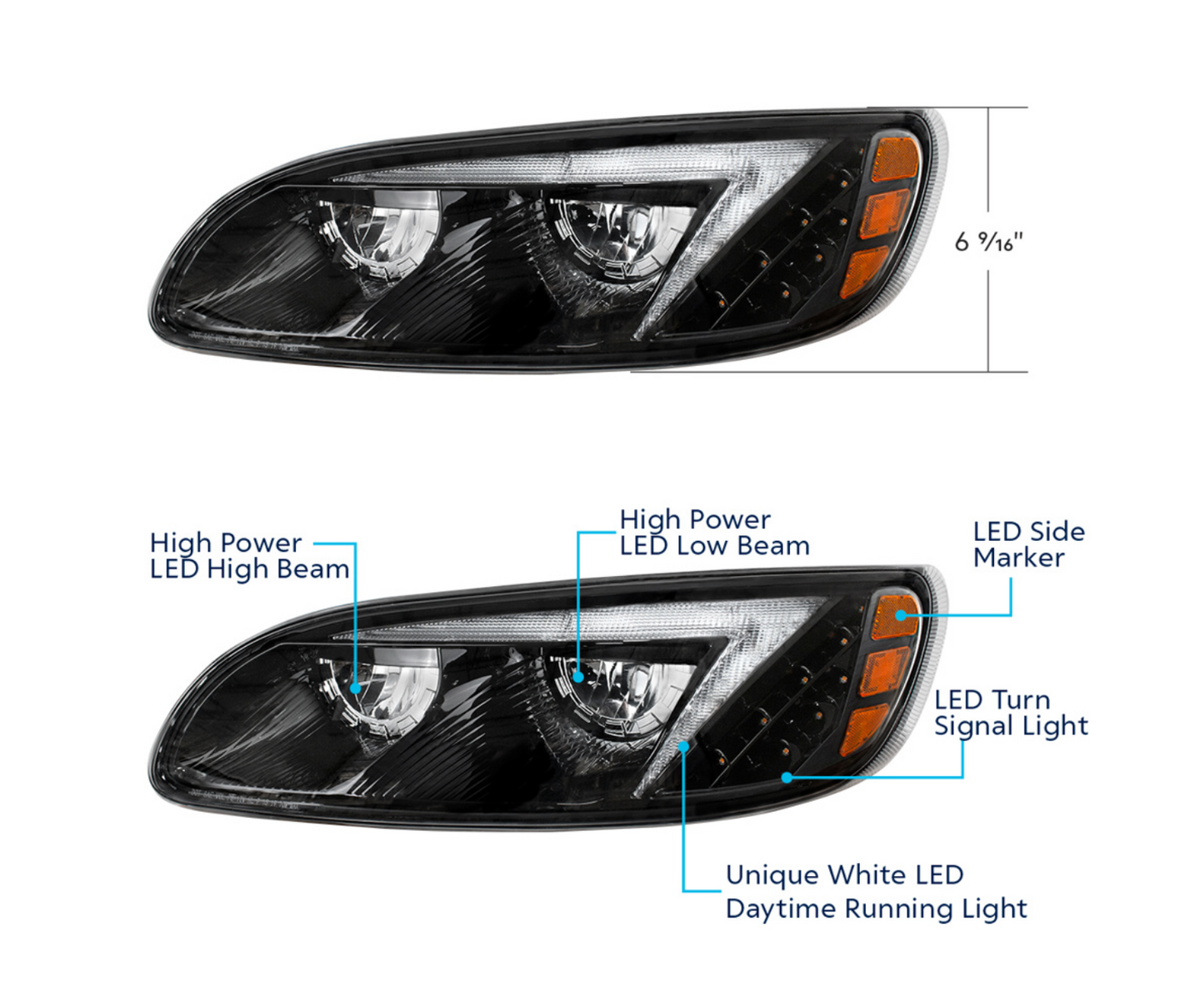BLACK LED HEADLIGHT FOR PETERBILT 386 (2005-2015) & 387 (1999-2010) / 335 (2005 - 2010) - DRIVER