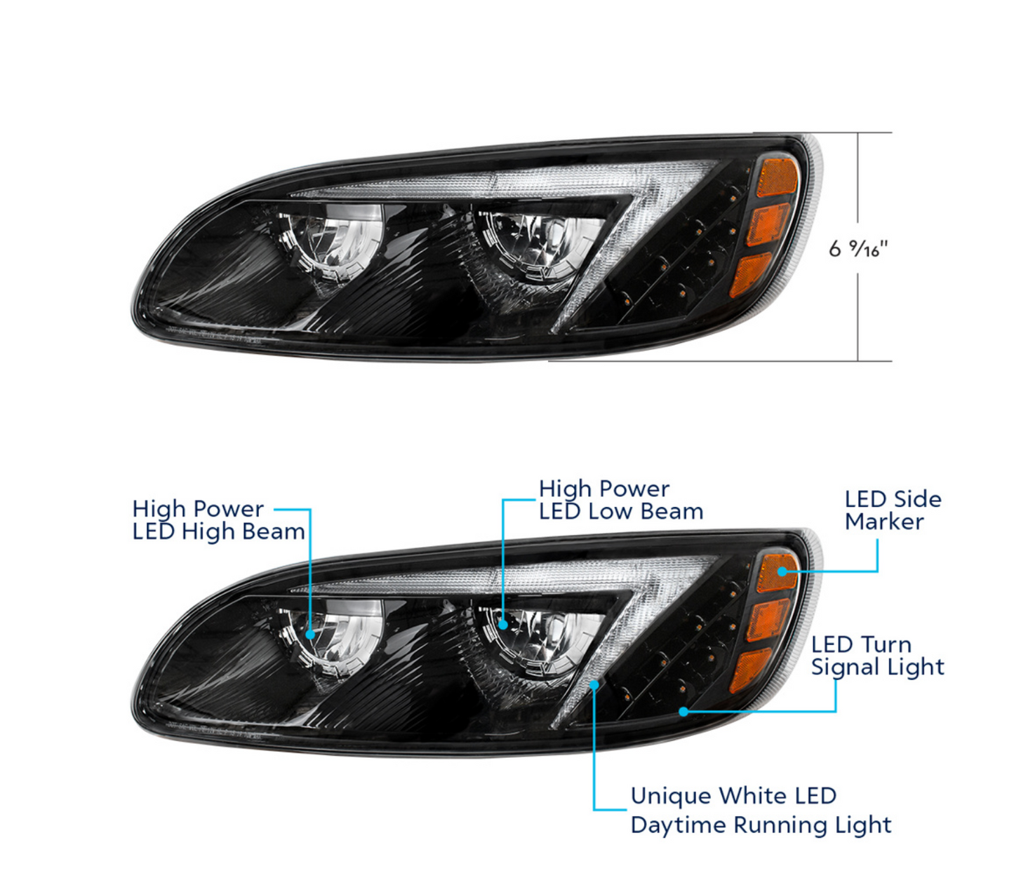 BLACK LED HEADLIGHT FOR PETERBILT 386 (2005-2015) & 387 (1999-2010) / 335 (2005 - 2010)- PASSENGER