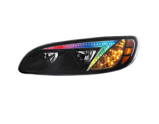 BLACK LED HEADLIGHT WITH COLOR CHANGING POSITION LIGHT BAR FOR PETERBILT 386 (2005-2015) & 387 (1999-2010) / 335 - DRIVER (OFF ROAD USE ONLY)