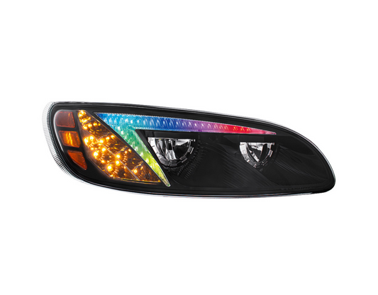 BLACK LED HEADLIGHT WITH COLOR CHANGING POSITION LIGHT BAR FOR PETERBILT 386 (2005-2015) & 387 (1999-2010) / 335 (2005- 2010) - PASSENGER (OFF ROAD USE ONLY)