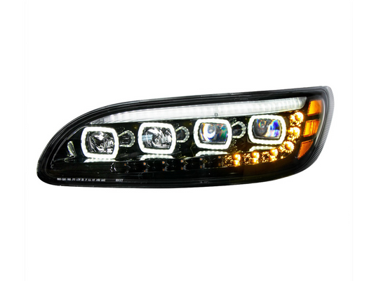BLACK QUAD-LED HEADLIGHT WITH LED DRL & SEQ. SIGNAL FOR 2005-2015 PETERBILT 386 / 335 (2005-2010) - DRIVER