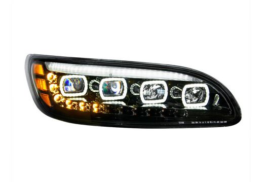 BLACK QUAD-LED HEADLIGHT WITH LED DRL & SEQ. SIGNAL FOR 2005-2015 PETERBILT 386 / 335 (2005-2010) - PASSENGER