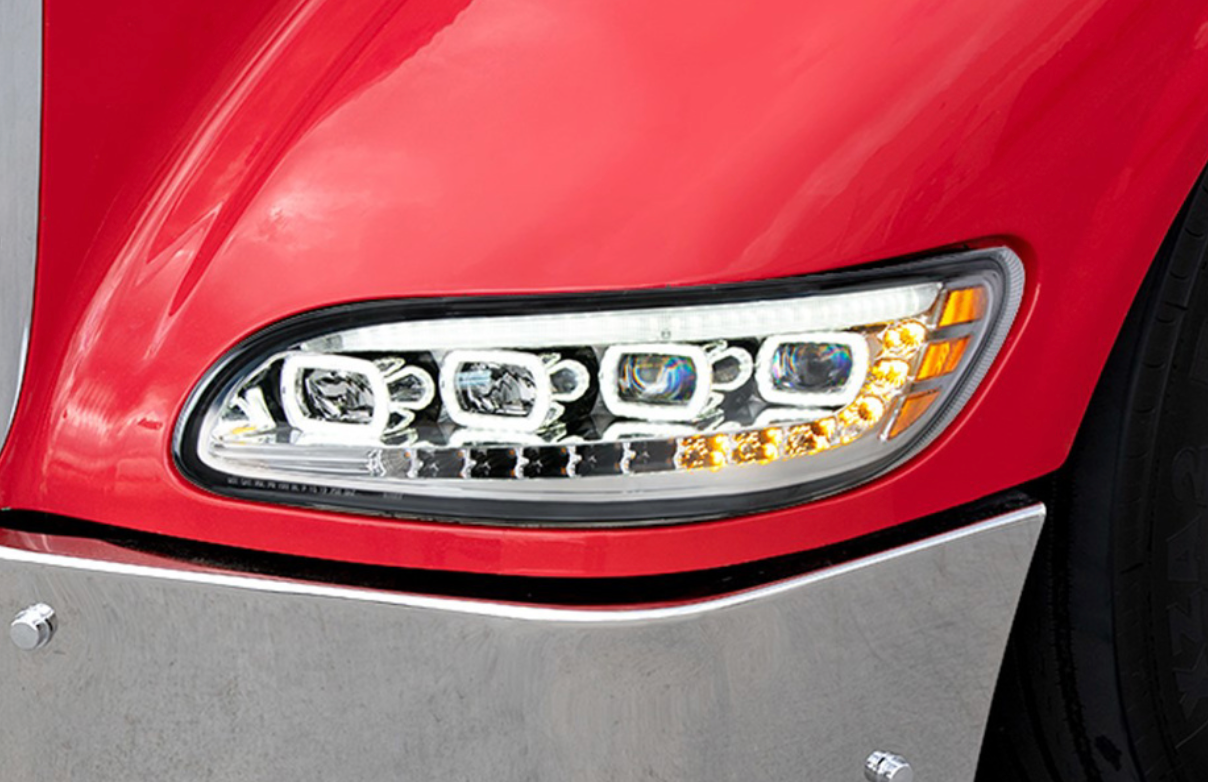 BLACK QUAD-LED HEADLIGHT WITH LED DRL & SEQ. SIGNAL FOR 2005-2015 PETERBILT 386 / 335 (2005-2010) - PASSENGER