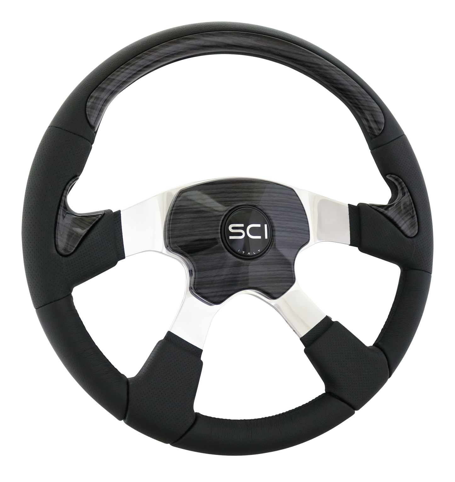 Black Wood Traveler - 18" Leather Rim w/Blk Wood Look Painted Inserts, Polished Alum. 4-Spoke, Elite 4 – Blk Wood Look Pad, SCI HB - Blk