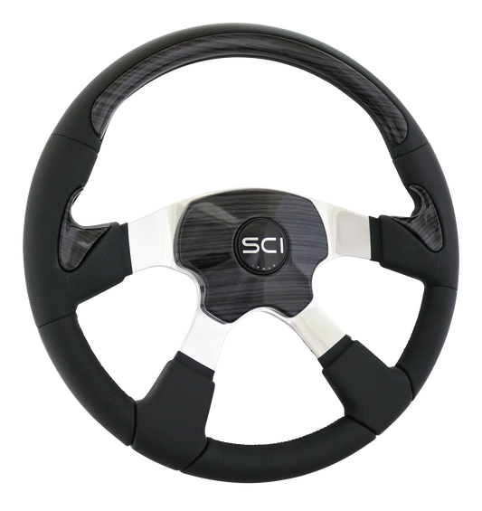 Black Wood Traveler - 18" Leather Rim w/Blk Wood Look Painted Inserts, Polished Alum. 4-Spoke, Elite 4 – Blk Wood Look Pad, SCI HB - Blk