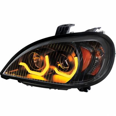 "Blackout" Freightliner Columbia Projection Headlight With Dual Function Amber LED Light Bar