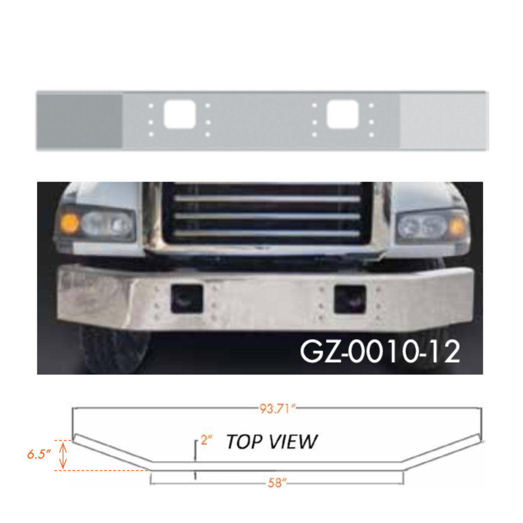 Bumper 12" Chrome Mack Granite CTP713, GU713 (2007+) w/ Tow Holes. w/ 6-1/2” Break Back
