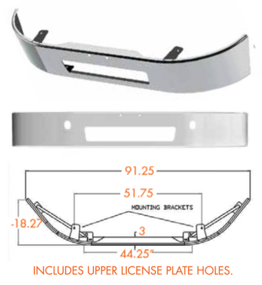 Bumper 13" Chrome Freightliner M2 106 Business Class (2011+) Recessed Top Flange Mount Brackets w/ Vent Hole Only,