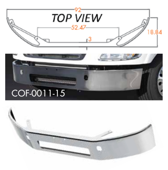 Bumper 13" Chrome Freightliner M2 112 Business Class (2003+) Top Flange Mount on Integrated Gussets w/ Vent and Tow Holes.