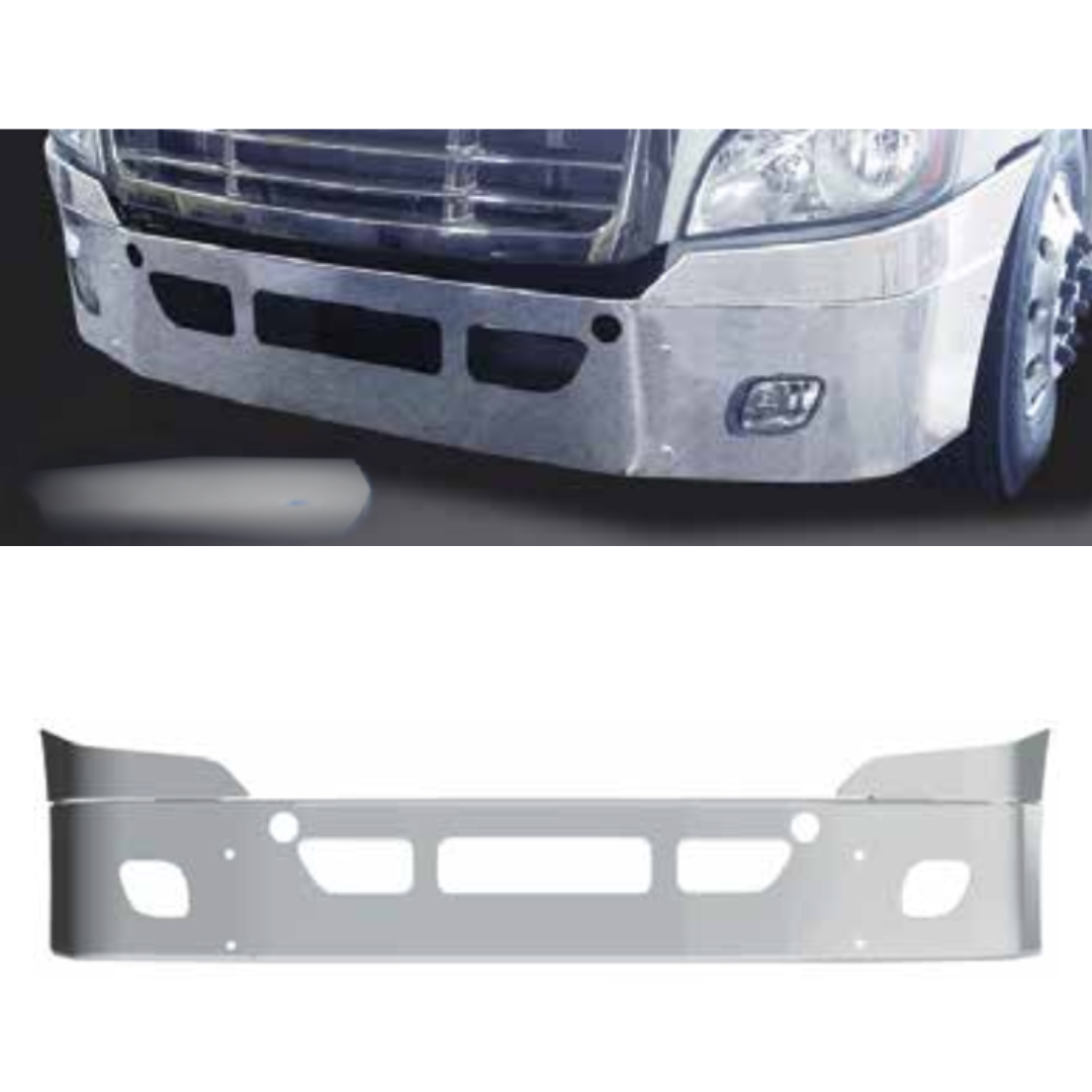 Bumper 16" Chrome Freightliner Cascadia (2008-2017) Set Back Axle - 3 Piece. Fog Light, Tow & Vent Holes - No radar.