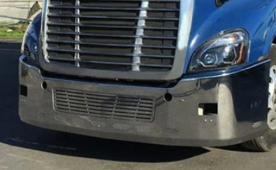 Bumper 18" Chrome Freightliner Cascadia Aero 3'', Grill Installed, Bolt Holes, Brackets, Tow Hole, Rectangular Fog Holes, 9 Hidden Lights Holes