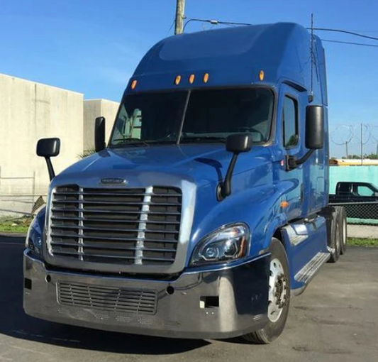 Bumper 18" Chrome Freightliner Cascadia Aero 3'', Grill Installed, Bolt Holes, Brackets, Tow Hole, Rectangular Fog Holes, 9 Hidden Lights Holes