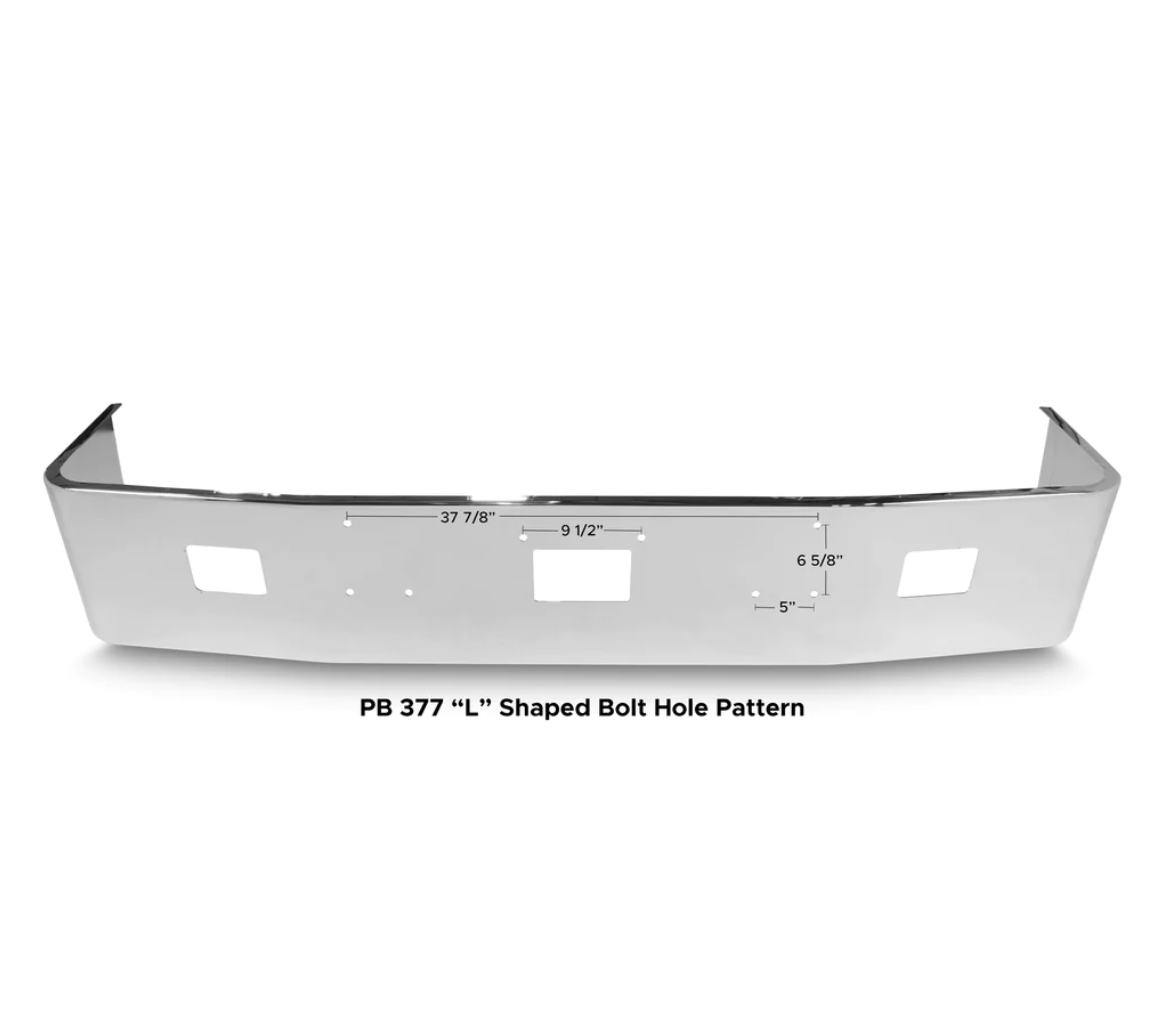 Bumper 18" Chrome Peterbilt 377 ''L'' Bolt Pattern w/ Tow & Fog Light Holes.