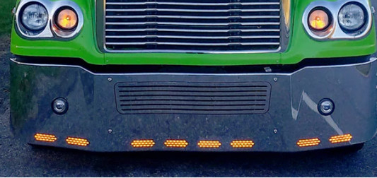 Bumper 20" Chrome Freightliner Coronado (2004-2009) Grill Insert Installed, Fog Light & 8 Hidden Light Holes.