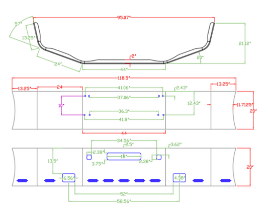 Bumper 20" Chrome Kenworth T800 (1986-2003) w/ Vent, Tow, Fog & Hidden Light Holes . (Custom FG-57)