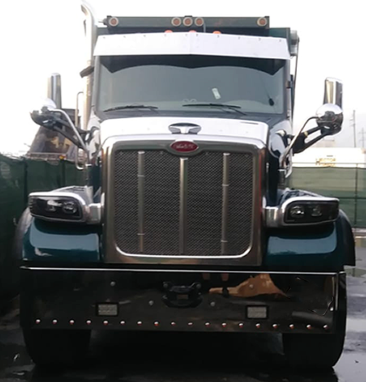 Bumper 20" Chrome Peterbilt 365/388/389/567 (2007+) & Kenworth W990 (2018+) Square Hand Rolled End w/ Square Fog Light Holes, External Tow Holes & 18 Button Light Holes