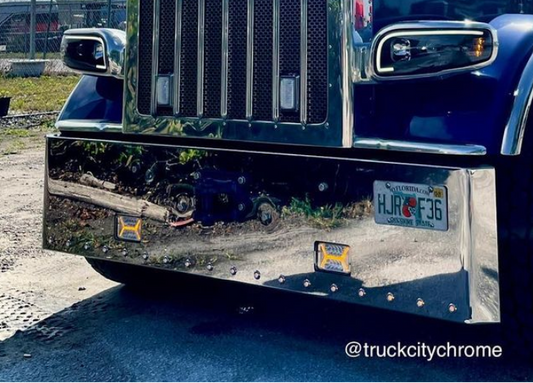 Bumper 20" Chrome Peterbilt 365/388/389/567 (2007+) & Kenworth W990 (2018+) Square Hand Rolled End w/ Square Fog Light Holes, External Tow Holes & 18 Button Light Holes