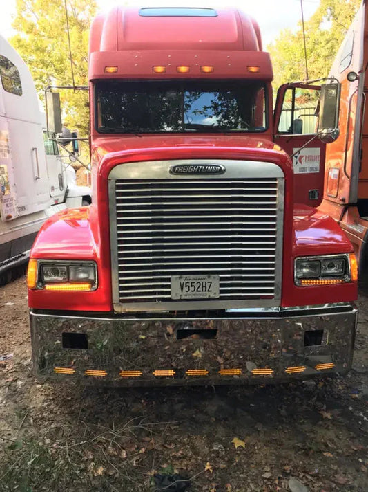 Bumper 20” Freightliner FLD 120/ FLD112 Chrome fits all years. Aerodyamic, Wrap around, rectangular fog light, center tow and 11 hidden light holes